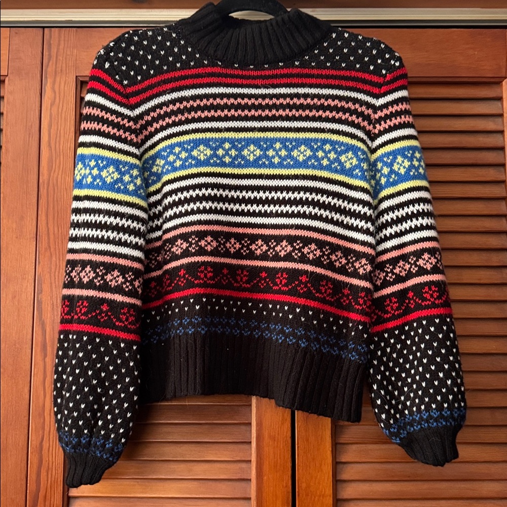 AE Fair-Isle Sweater Balloon Sleeves Black and Colorful Sz Medium